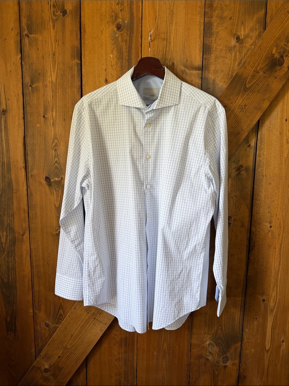 Ted Baker White and Light Blue Checked Spread Collar Dress Shirt